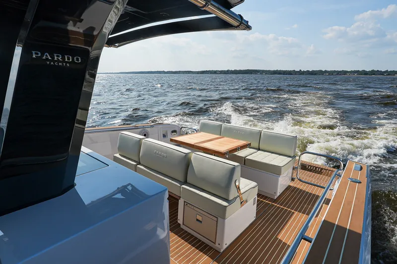 Slide: The Image of Luxurious 2025 Pardo Yachts P38 cruising on open water, featuring elegant seating and sleek design. - 14