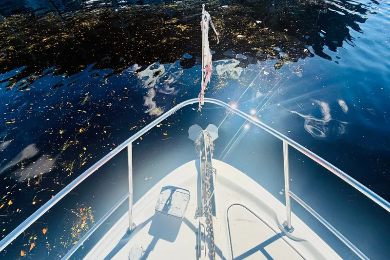 Slide: The Image of Bow of 2000 Sea Ray 410 Sundancer reflecting sunlight on calm water. - 25