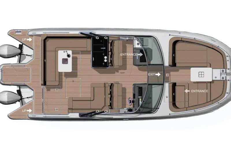 Slide: The Image of Top view of 2027 Jeanneau TH33 boat layout with seating and dual engines. - 9
