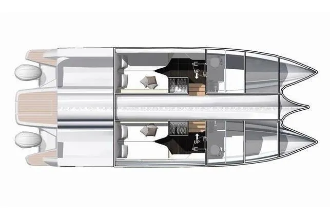 Slide: The Image of Top view layout of 2027 Jeanneau TH38 catamaran, showcasing interior design and cabin arrangement. - 9