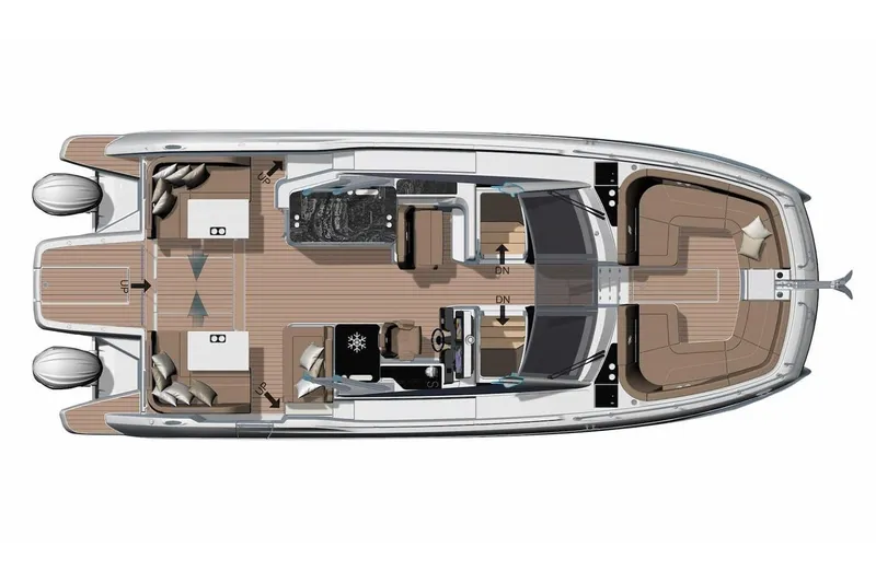 Slide: The Image of Top view of 2027 Jeanneau TH38 yacht layout with spacious deck and seating areas. - 10