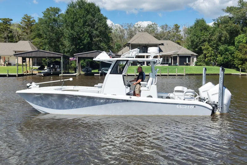 The Image of 2024 Costa Custom Boats 264HC on a scenic river with a person at the helm. - 0