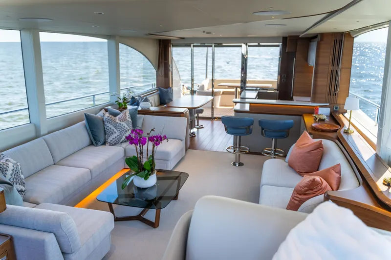 Slide: The Image of The 2025 Princess Y72 features a luxurious interior with elegant sofas, a glass table, and a bar. - 33