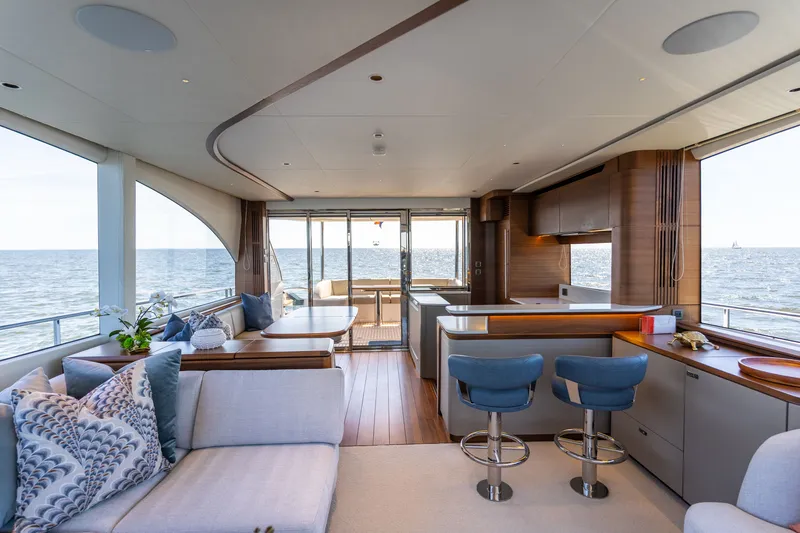 Slide: The Image of The interior of the 2025 Princess Y72 features a luxurious lounge with modern furnishings and sea views. - 10