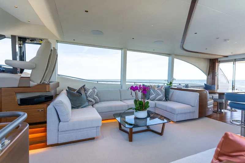 Slide: The Image of The 2025 Princess Y72 features a luxurious interior with an elegant seating area and large windows. - 19