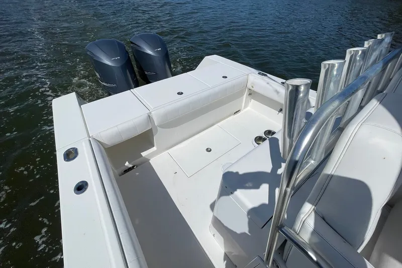 Slide: The Image of AFT COCKPIT OVERVIEW LOOKING AFT TO TRANSOM WALK-THRU DOOR & FULL COAMING BOLSTERS ALL AROUND - 5