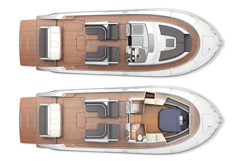 Slide: The Image of 2016 Tiara Yachts Q44 layout showing deck and cabin design with seating and amenities. - 83