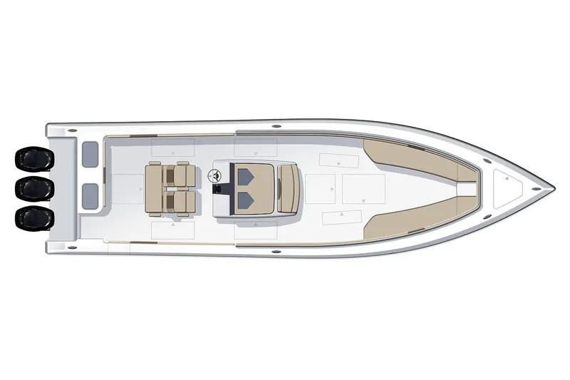 Slide: The Image of Manufacturer Provided Image: 2019 Fountain 38 Center Console boat, top view, featuring triple outboard engines. - 23