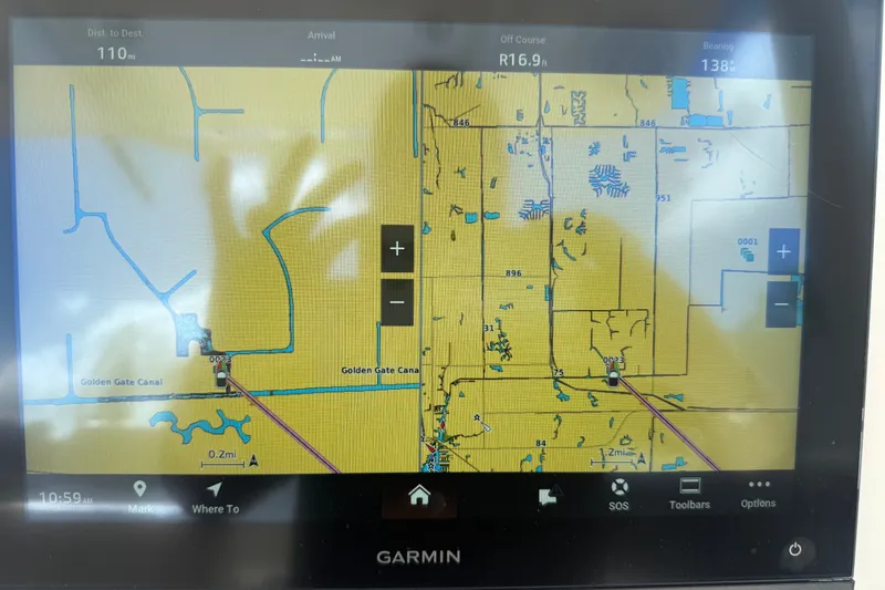 Slide: The Image of Garmin navigation screen on 2015 NauticStar 2500XS Offshore boat, displaying Golden Gate Canal map. - 31