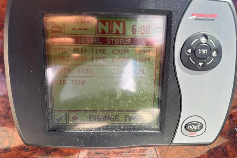 Slide: The Image of Mercury SmartCraft display on 2007 Sea Ray 340 Sundancer showing vessel status and runtime. - 47