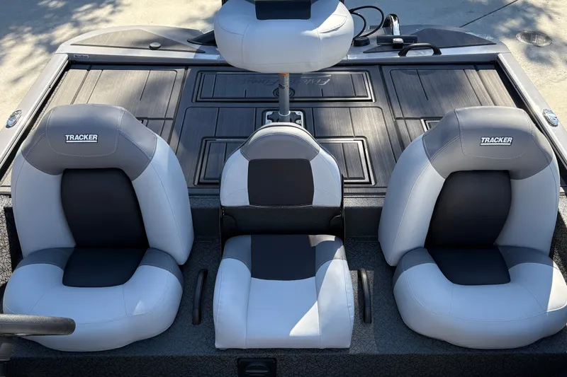 Slide: The Image of 2027 Tracker Savage 215 boat seats, featuring sleek gray and black design. - 22