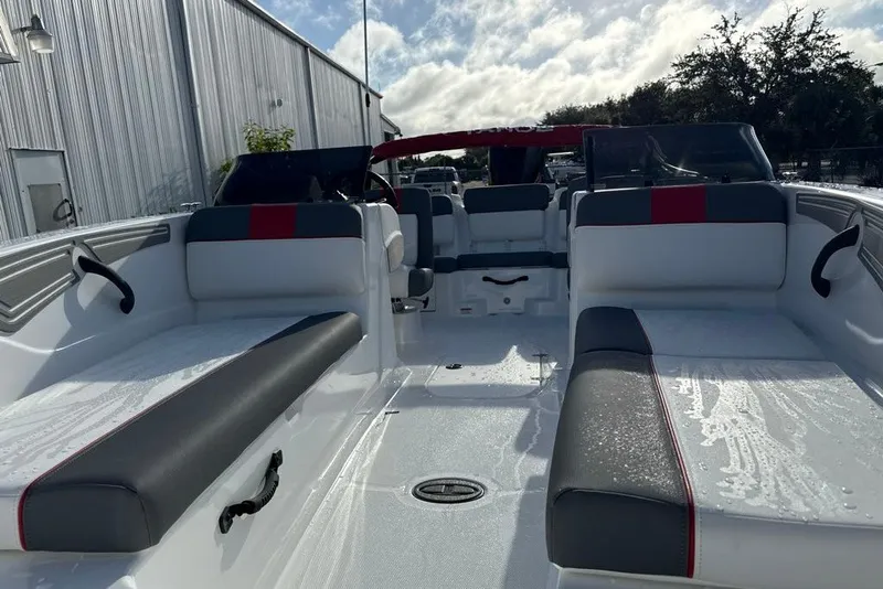 Slide: The Image of 2027 Tahoe T21 boat interior with sleek seating and modern design. - 94