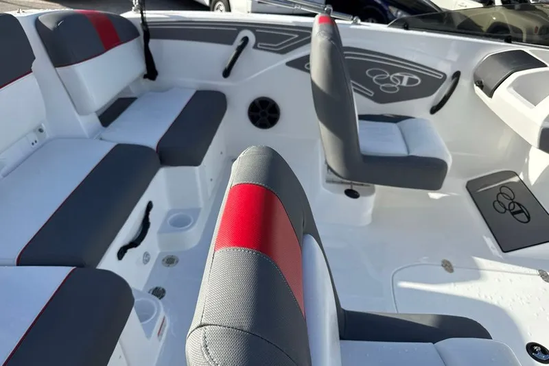 Slide: The Image of Interior of 2027 Tahoe T21 boat with gray and red seating. - 97