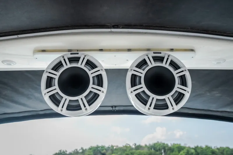 Slide: The Image of Speakers on a 1997 Sea Ray Sundancer 400 boat, mounted under a canopy. - 39
