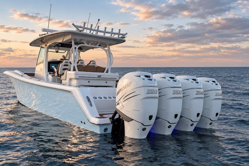 Slide: The Image of 2008 Grady-White Express 330 boat with four powerful outboard engines at sunset. - 6