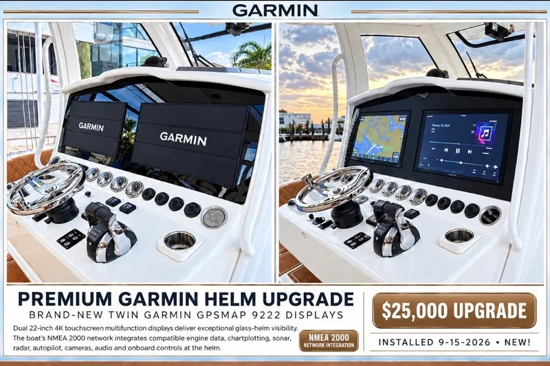 Slide: The Image of 2008 Grady-White Express 330 with premium Garmin helm upgrade, featuring twin GPSMAP 9222 displays. - 38