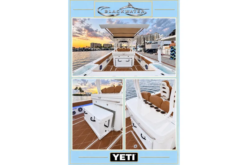 Slide: The Image of 2008 Grady-White Express 330 boat interior with YETI cooler, docked at sunset. - 51