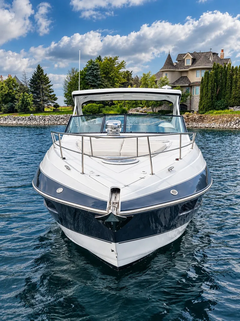 Slide: The Image of A luxurious motor yacht on calm waters, with an elegant house in the background. - 15