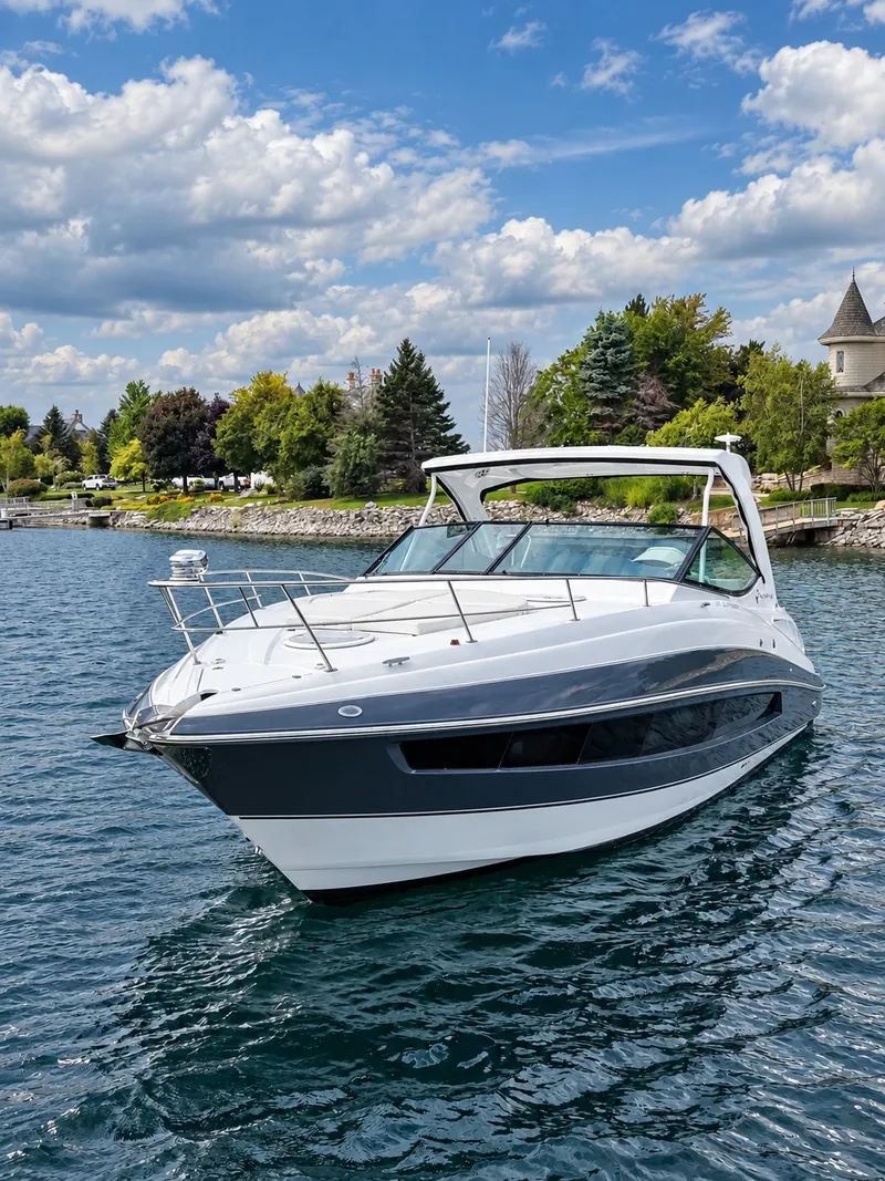 Slide: The Image of A luxurious motor yacht on calm waters with a cloudy sky in the background. - 16