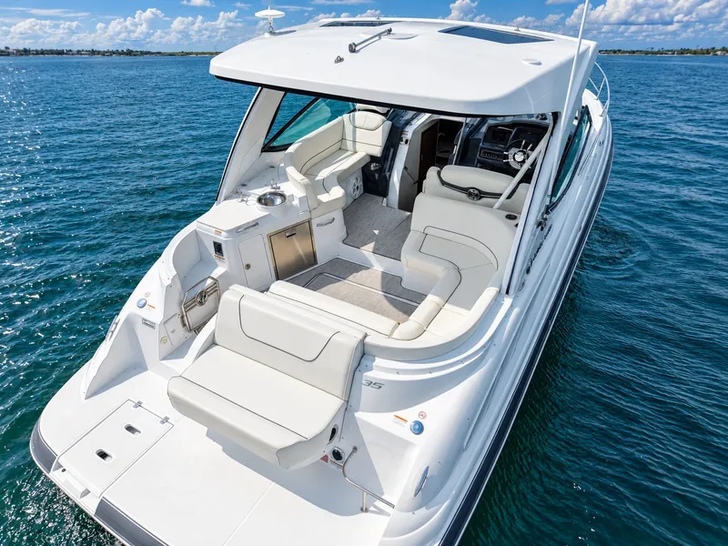 Slide: The Image of The 2020 Cruisers Yachts 35 Express features a sleek design with a spacious cockpit and luxurious seating. - 10