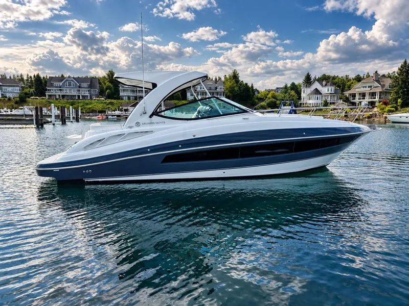 Slide: The Image of A sleek 2020 Cruisers Yachts 35 Express is anchored in calm waters. - 3