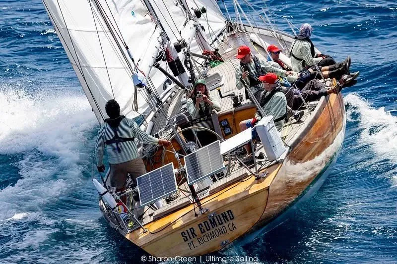 Slide: The Image of Sailing crew on Chuck Burns Custom 49 Schooner, 2007, navigating ocean waves. - 1