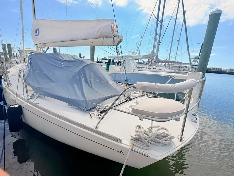 Slide: The Image of A 2009 Alerion Express 38 sailboat docked in a marina. It features a white deck and blue cover. - 5