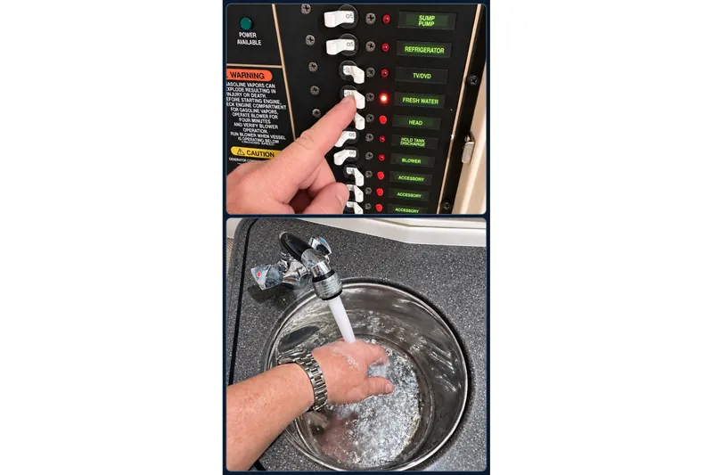 Slide: The Image of Control panel and sink on 2008 Grady-White Express 330 boat, showing fresh water system. - 31
