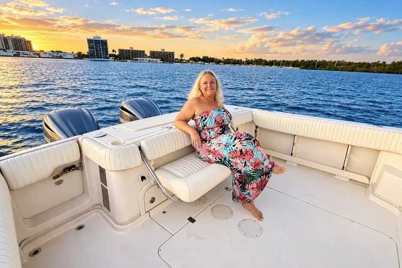 Slide: The Image of Woman relaxing on a 2008 Grady-White Express 330 boat at sunset. - 17