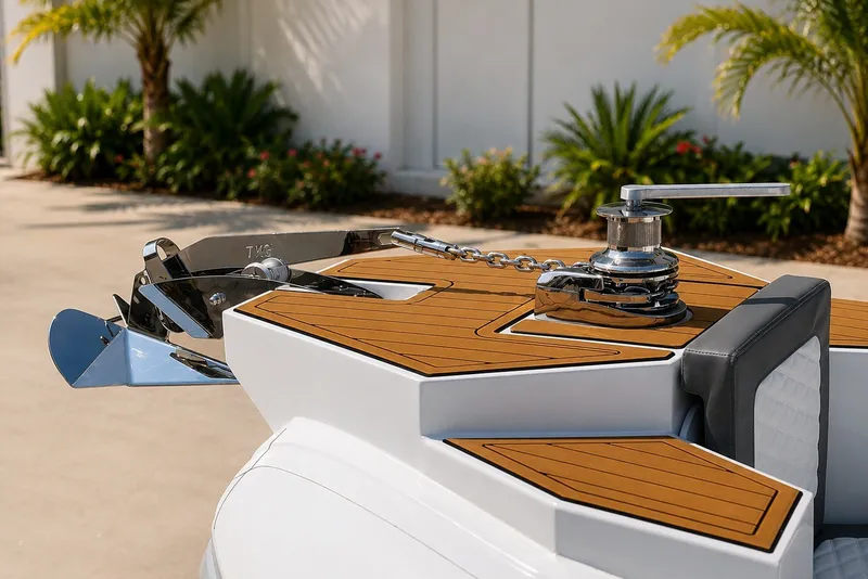 Slide: The Image of 2027 Tide Craft 26 Capri boat with sleek deck design and polished anchor system. - 17