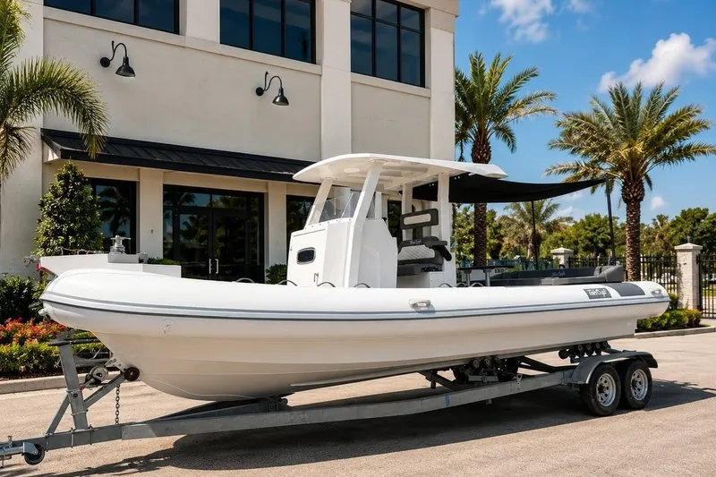 Slide: The Image of 2027 Tide Craft 26 Capri boat on trailer, parked near modern building with palm trees. - 22