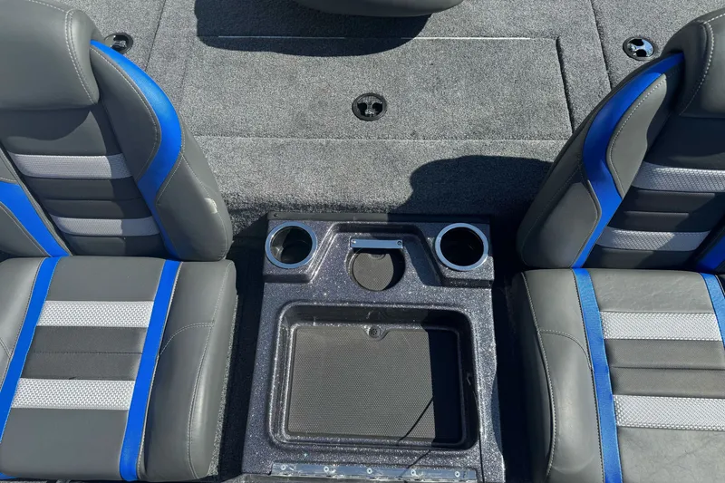 Slide: The Image of Interior of 2027 Ranger RT198P boat with gray and blue seating. - 21