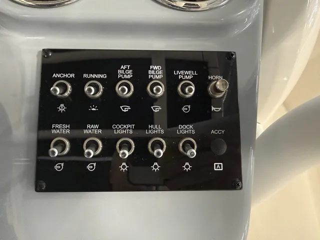 Slide: The Image of Control panel with toggle switches for anchor, lights, pumps, and horn. - 19