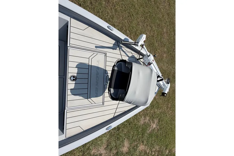 Slide: The Image of 2027 Tracker Bass Tracker 175 CC boat deck with seat and trolling motor. - 46