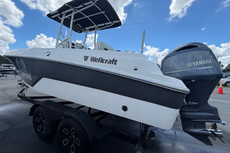 Slide: The Image of 2023 Wellcraft 202 Fisherman boat with Yamaha engine on trailer under blue sky. - 5