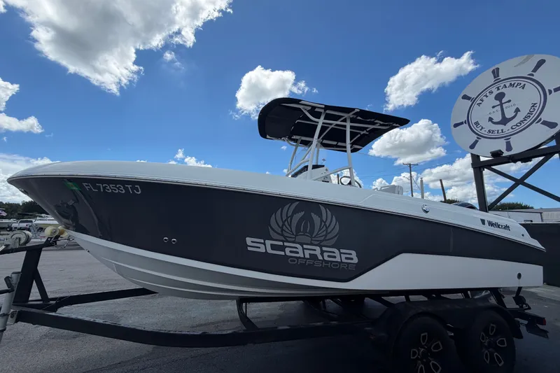 Slide: The Image of 2023 Wellcraft 202 Fisherman boat on trailer under blue sky. - 6