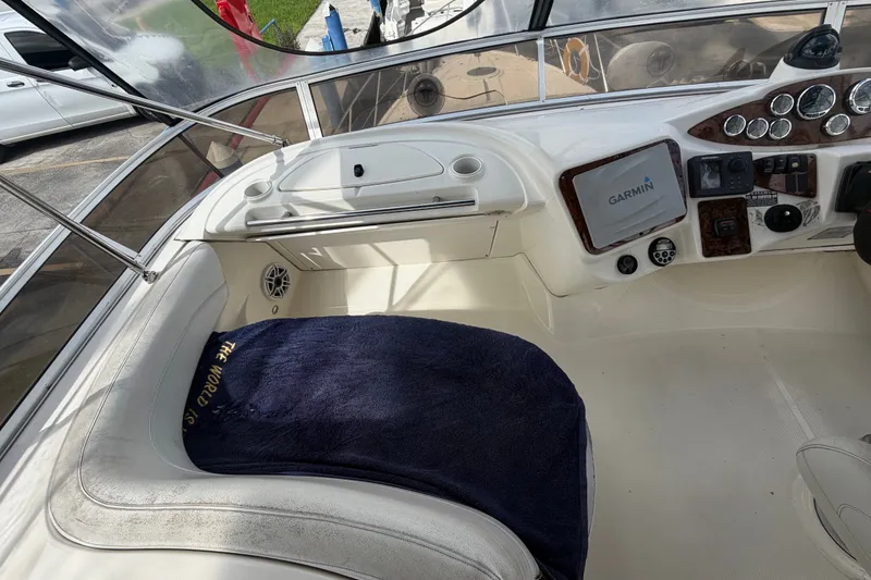 Slide: The Image of 2008 Meridian 391 Sedan helm with Garmin navigation, plush seating, and sleek dashboard controls. - 17