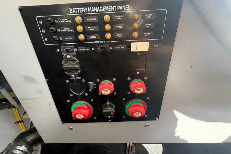 Slide: The Image of Battery management panel on a 2008 Meridian 391 Sedan yacht, featuring essential circuit controls. - 85