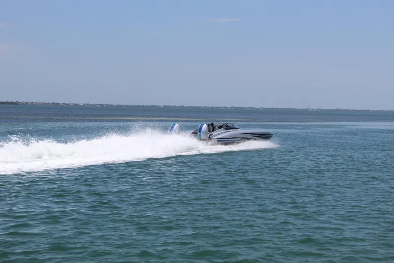 Slide: The Image of 2025 Fountain 34 Thundercat speedboat cruising on open water. - 37