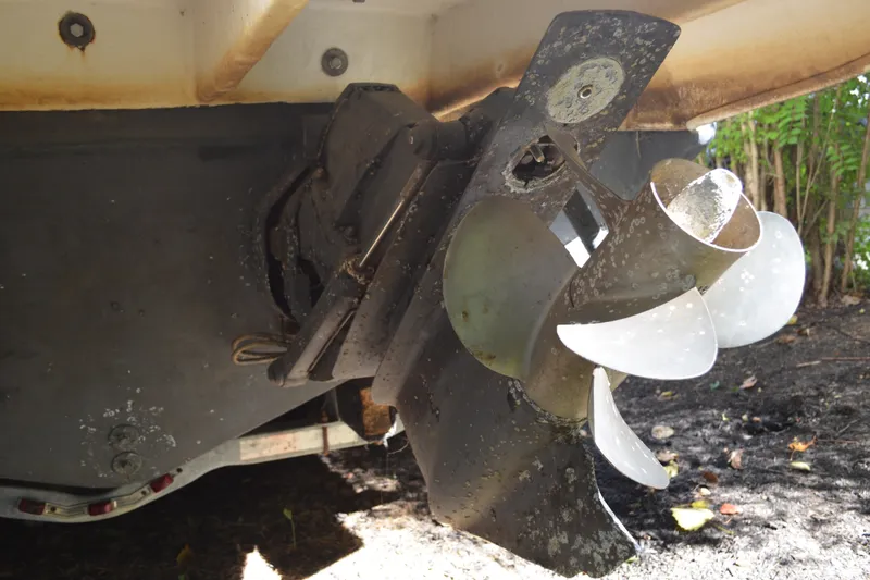Slide: The Image of Close-up of a 2007 Sea Ray Sundancer 280 boat propeller with visible wear. - 7