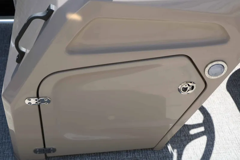Slide: The Image of Close-up of a storage compartment with handle and hinge on a boat. - 35