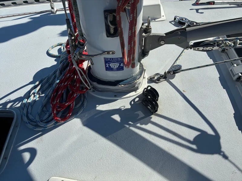 Slide: The Image of Deck of a Pearson 36 sailboat with ropes and fittings. - 15