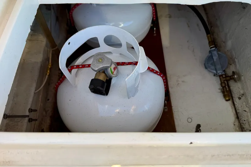 Slide: The Image of Propane tank storage on a 1975 Grand Banks 32 Sedan boat. - 28