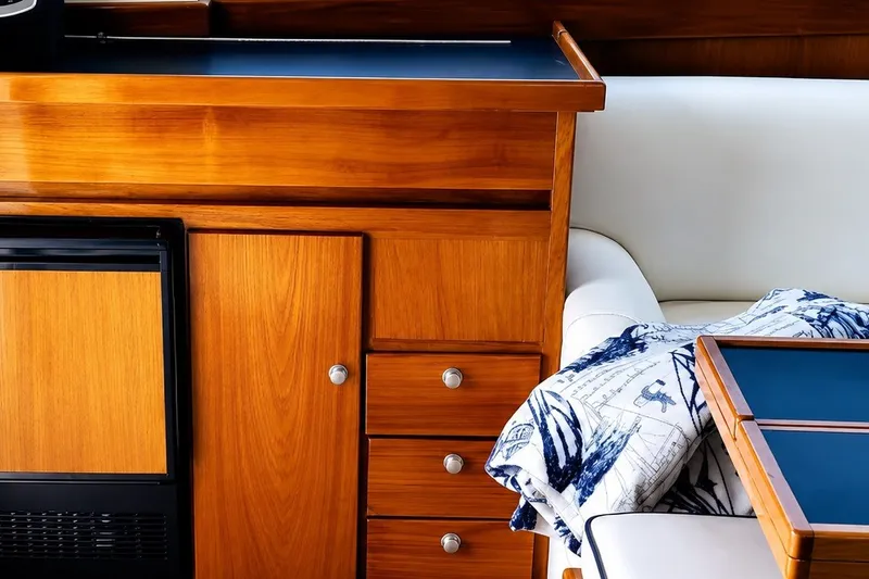 Slide: The Image of Interior of 1981 Bertram 46.6 yacht with wooden cabinetry and nautical-themed decor. - 10