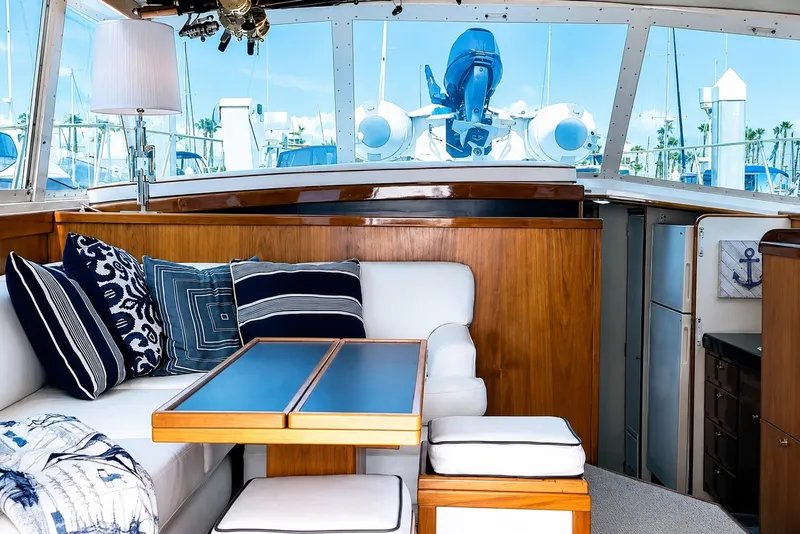 Slide: The Image of Luxurious interior of 1981 Bertram 46.6 yacht with elegant seating and nautical decor. - 6