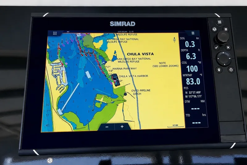 Slide: The Image of Simrad marine navigation display showing Chula Vista map on a 1981 Bertram 46.6 yacht. - 22