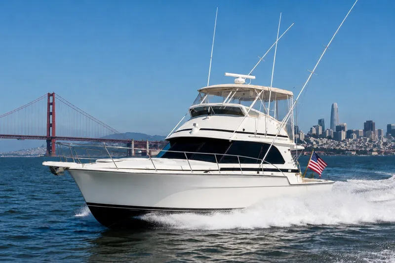 The Image of 1981 Bertram 46.6 yacht cruising near Golden Gate Bridge, San Francisco skyline in background. - 0