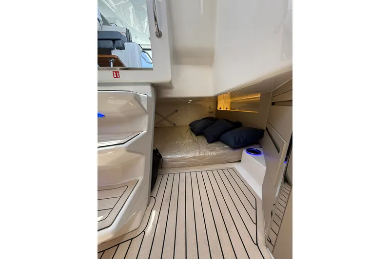 Slide: The Image of Interior cabin of 2027 Granfort 370 GTX yacht with modern design and cozy bedding. - 61