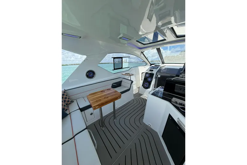 Slide: The Image of Interior of 2027 Granfort 370 GTX yacht with modern design and ocean view. - 23