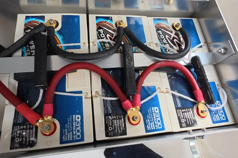 Slide: The Image of Battery setup in a 2025 Schaefer V44, featuring XS Power D3100 series. - 62